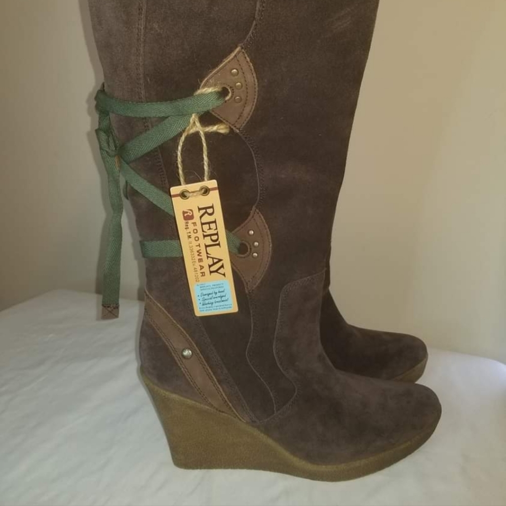 Replay brand real leather wedge boots